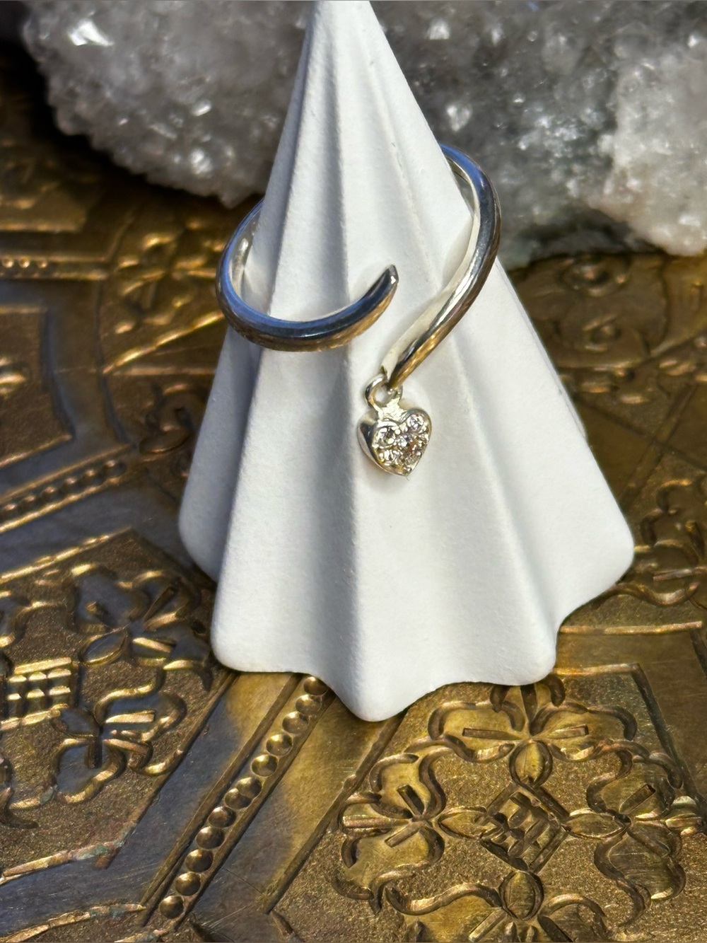 Sterling Silver Ring with Heart Dangle Adjustable Ring Wrap Ring - Picture 2 of 3
